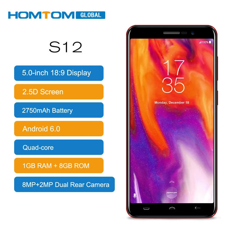 Оригинальный HOMTOM S12 смартфон WCDMA 5 0 дюйма Android 6 MTK6580 Quad core 1 3 ГГц ГБ Оперативная