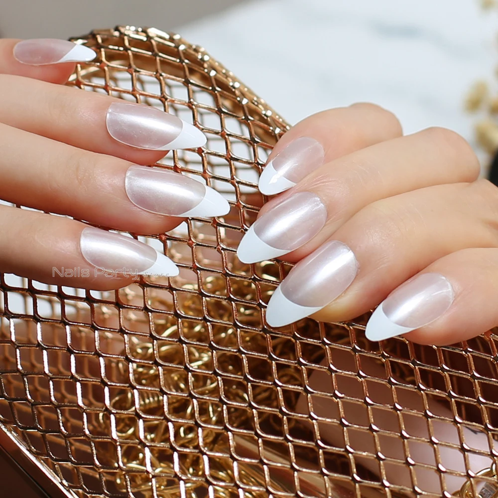 Buy pearl,White border French Nails medium Pointed