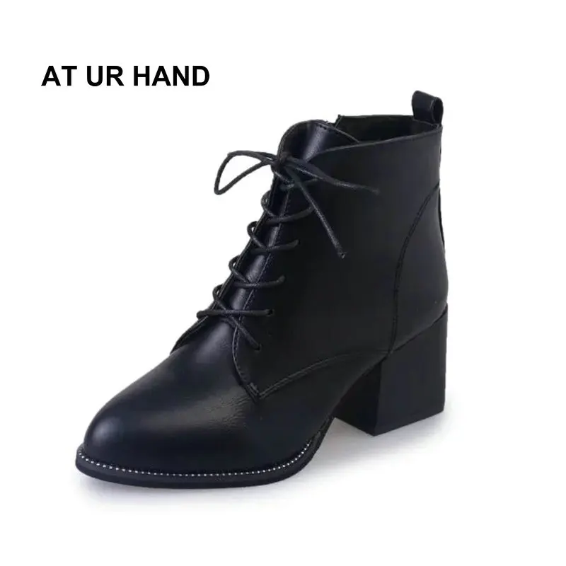 

AT UR HAND Women Ankle Boots Pump Shoes Woman Fashion lace-up shoes Black women boots Dropshipping