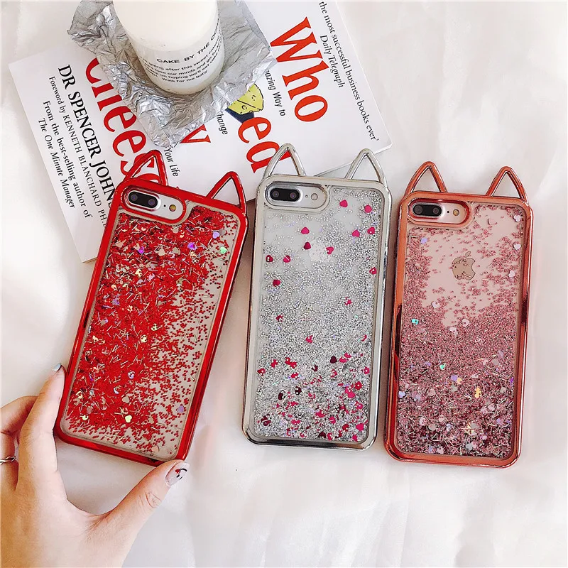 

ZRICKIE Cute Cat ears Case For iPhone X case Luxury Cartoon Dynamic Liquid Glitter Quicksand For iPhone 6 7 8 Plus Back Cover