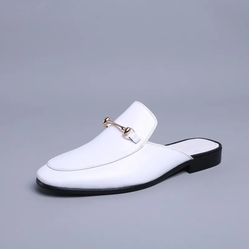 

Spring Summer Full Grain Leather Men Slippers White Black Driving Loafers White Black Slippers