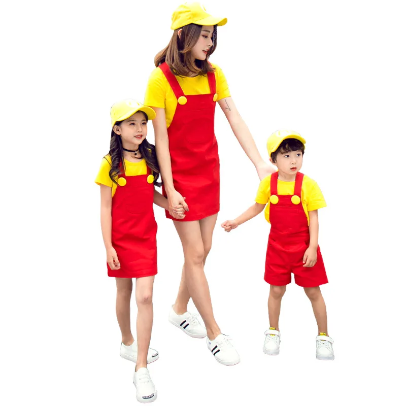 Платья для мам и дочек семейная одежда Новые Летние Детская Хлопковая футболка + платье на бретелях и шорты на подтяжках Комплект Одежда