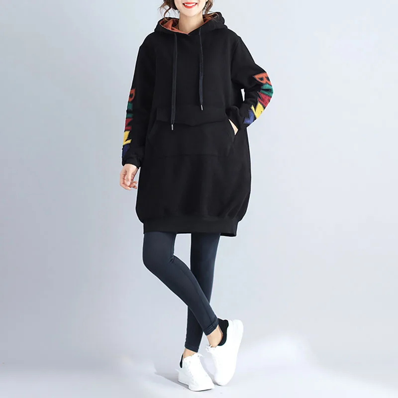 Plus size Long Hoodies Women Casual Loose Hooded Tie Collar Thick Patch