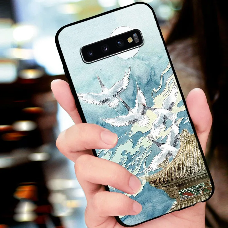 Тиснением старинные Восточной Азии Китайский Японский Стиль чехол для samsung S10 плюс S10 Снежная гора указ Кран Крышка - Цвет: 4