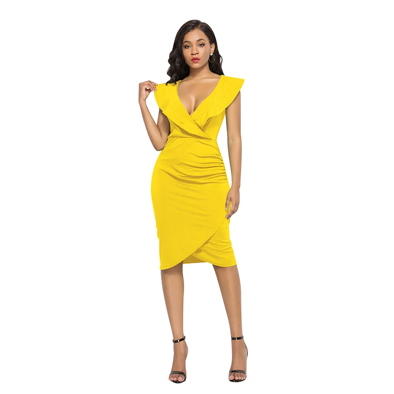 

Yellow Dress 2019 Summer Plus Size Dress Women Ruffle Sexy Party Bodycon Dress Ladies Casual Long Sleeve Office Midi Dresses