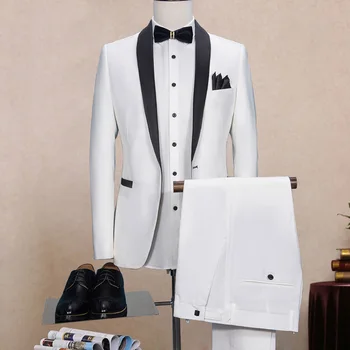 

White Business Men Suits Black Shawl Lapel Two Piece One Button Single Breasted Wedding Groom Tuxedos (Jacket + Pants)