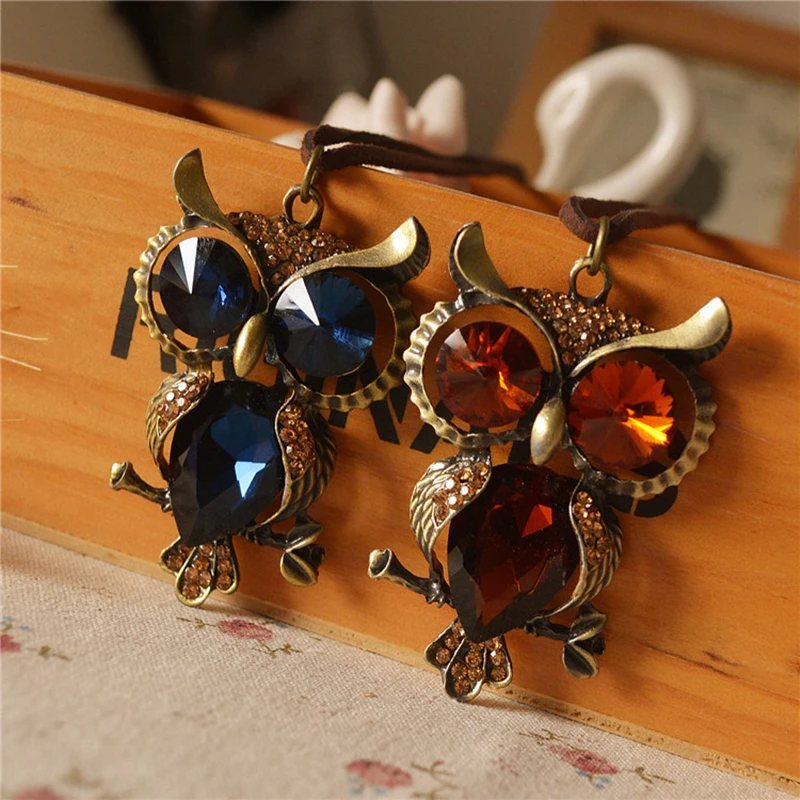 8SEASONS Fashion Jewelry Vintage Bronze Color Owl Created Gem Stone Blue Dark Brown Pendants Leather Rope Chain Necklace 1 Pc | Украшения и