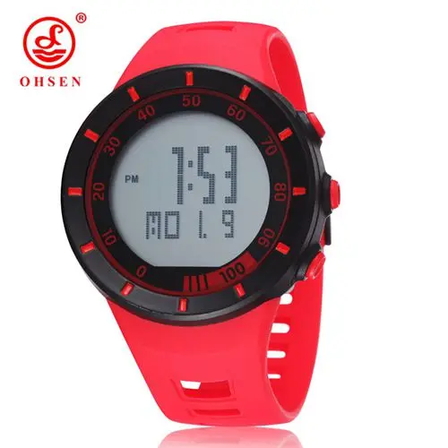 Модные мужские и Мужские Цифровые Часы OHSEN, мужские спортивные часы, будильник, день, дата, светодиодный, подсветка, резиновый ремешок, электронные наручные часы - Цвет: Красный