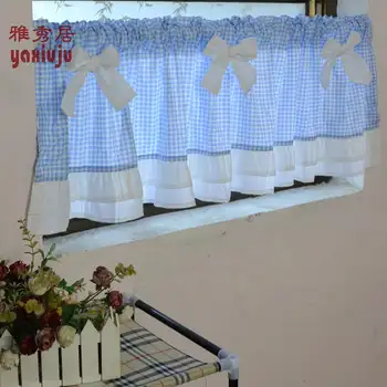 

Free shipping blue Plaid bow beautiful coffee short curtain kitchen curtains for living room bedroom drapes 40*150CM customized