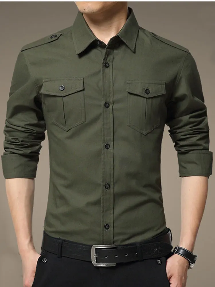 

HEE GRAND 2019 Men New Slim Fasion Shirts Military Long Sleeve Solid Casual Men's Shirt with Epaulette double pocket MCL2110