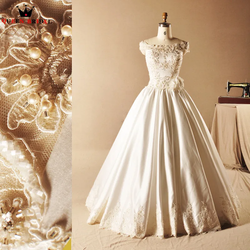 Vintage A line Satin Lace Pearls Elegant Long Formal Bride Wedding