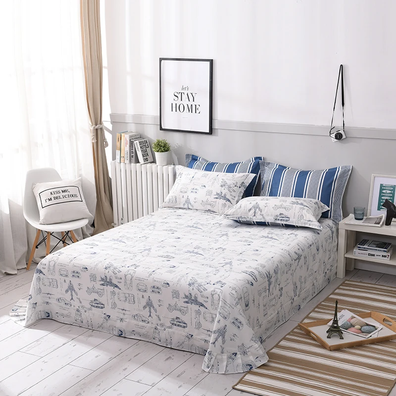 

Blue and White aircraft printed Flat Sheet King Queen Twin size 100%Cotton Ultra Soft Bedding Top Sheet Wrinkle Fade Resistant