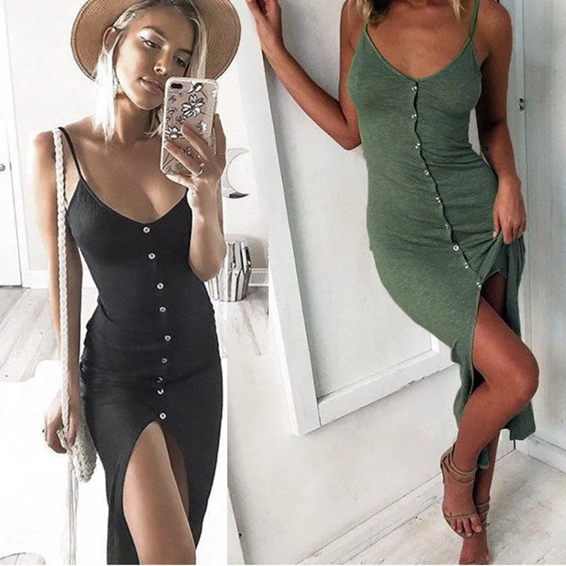 

2018 Women Casual Summer Sexy Button Jag Sheath Solid Dress Bodycon Sleeveless V-neck High Waist Knitted Dresses