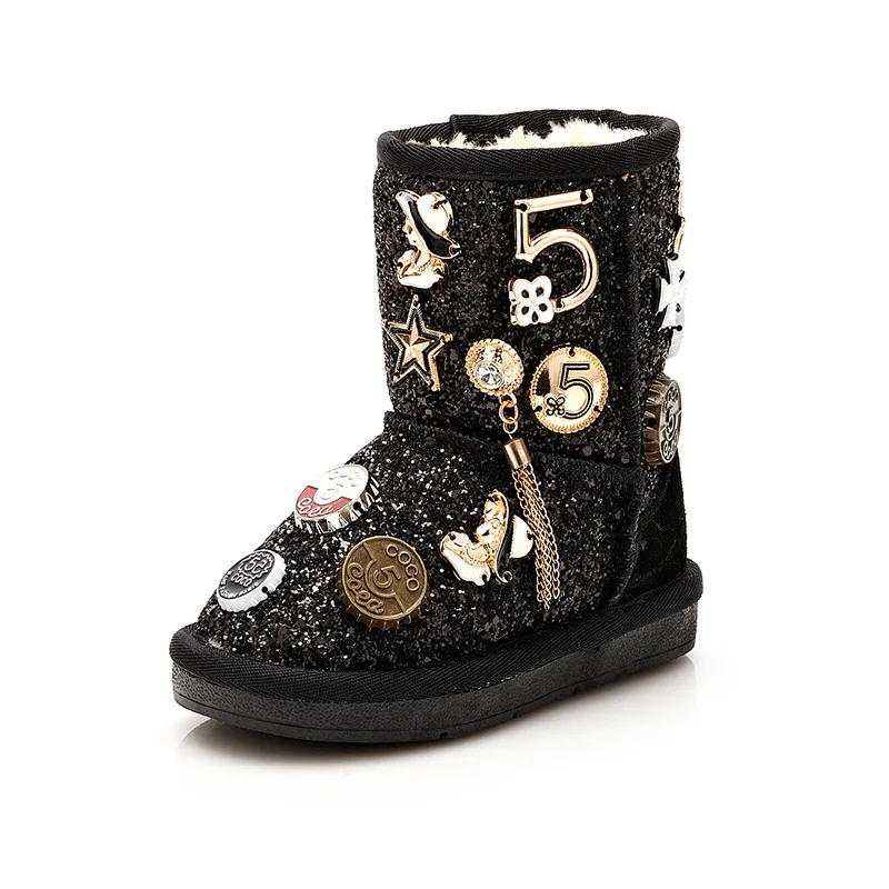 

Winter warm baby girls snow boots kids ankle boots boys children fashion snow shoes metal chain letter badge sequin 2 to 10 yrs