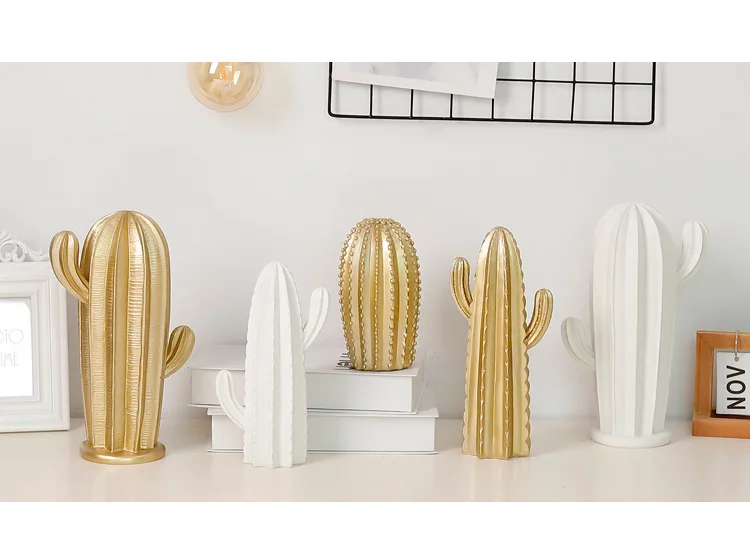 

1PC Nordic Resin Cactus Home Decoration Simulated Lifelike White Golden Resin Craft Ornament Photography Props Home Decor JL 237