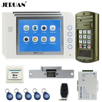 

JERUAN Wired 8`` Video Door Phone Record Intercom System kit 3 Monitor + NEW Waterproof Password HD Mini Camera 8GB TF Card 1V3
