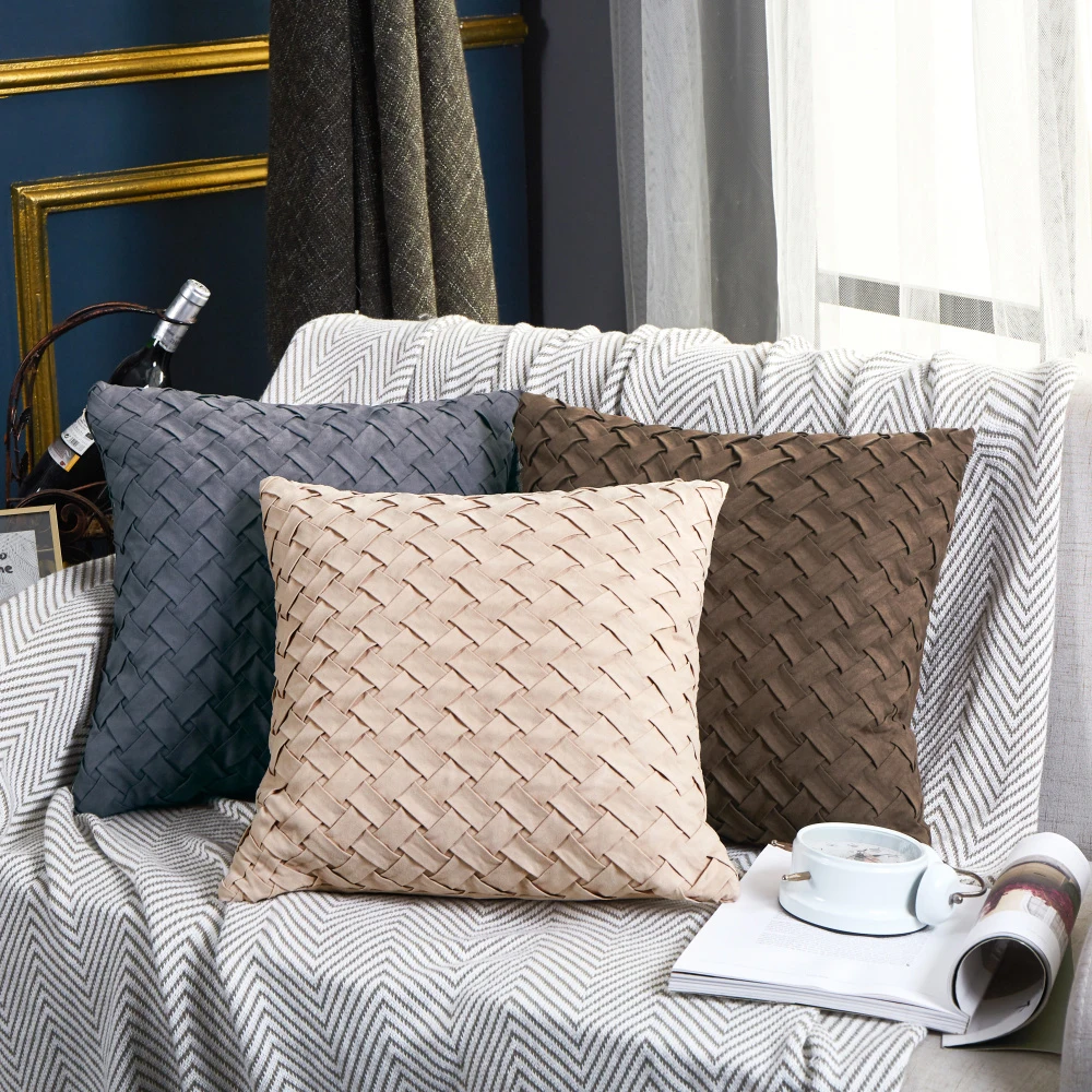 

New Soft Solid Color Cushion Cover Weaving Pattern Plush Pillowcase Strips Square Waist Throw Pillow Cover Gifts Dropshiping