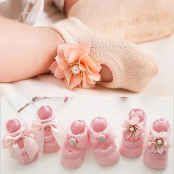 

3 Pairs/Lot Newborn Baby Socks Lace Flower Cotton Anti-Slip Kids Floor Socks Bow Baby Girl Socks Spring Summer Girls Gift sokken