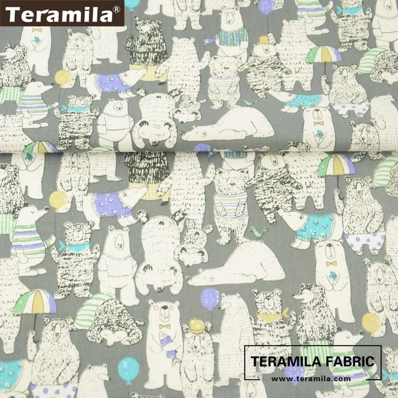 Ткань Teramila с рисунком ленивых медведей 100% хлопок серый саржевый материал