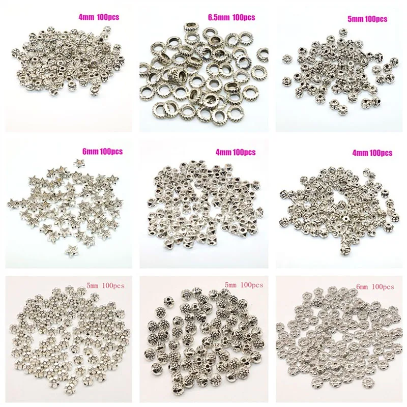 

Mixed Size 100pcs Silver Tibetan Silver Beads Zinc Alloy loose Beads Spacer Beads Needlework Fit For charm beads Jewelry Making