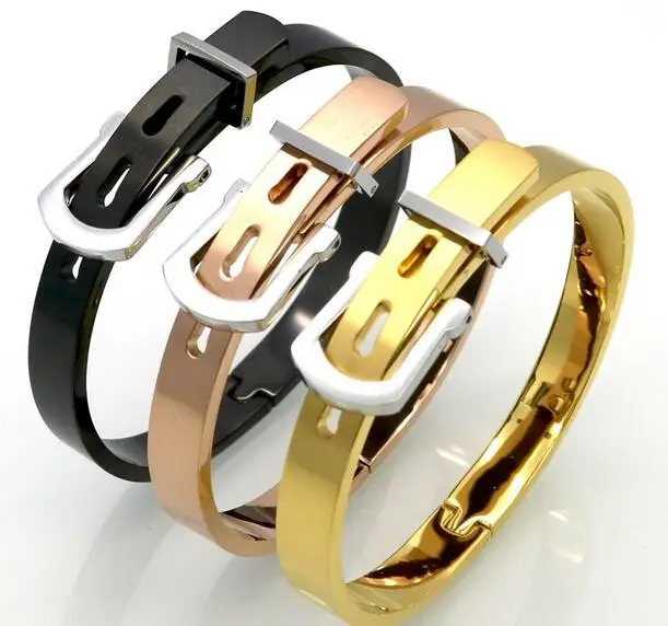 

black /Gold/rose gold Stainless Steel Belt buckle Bracelet women Men Fashion Cuff Bangle