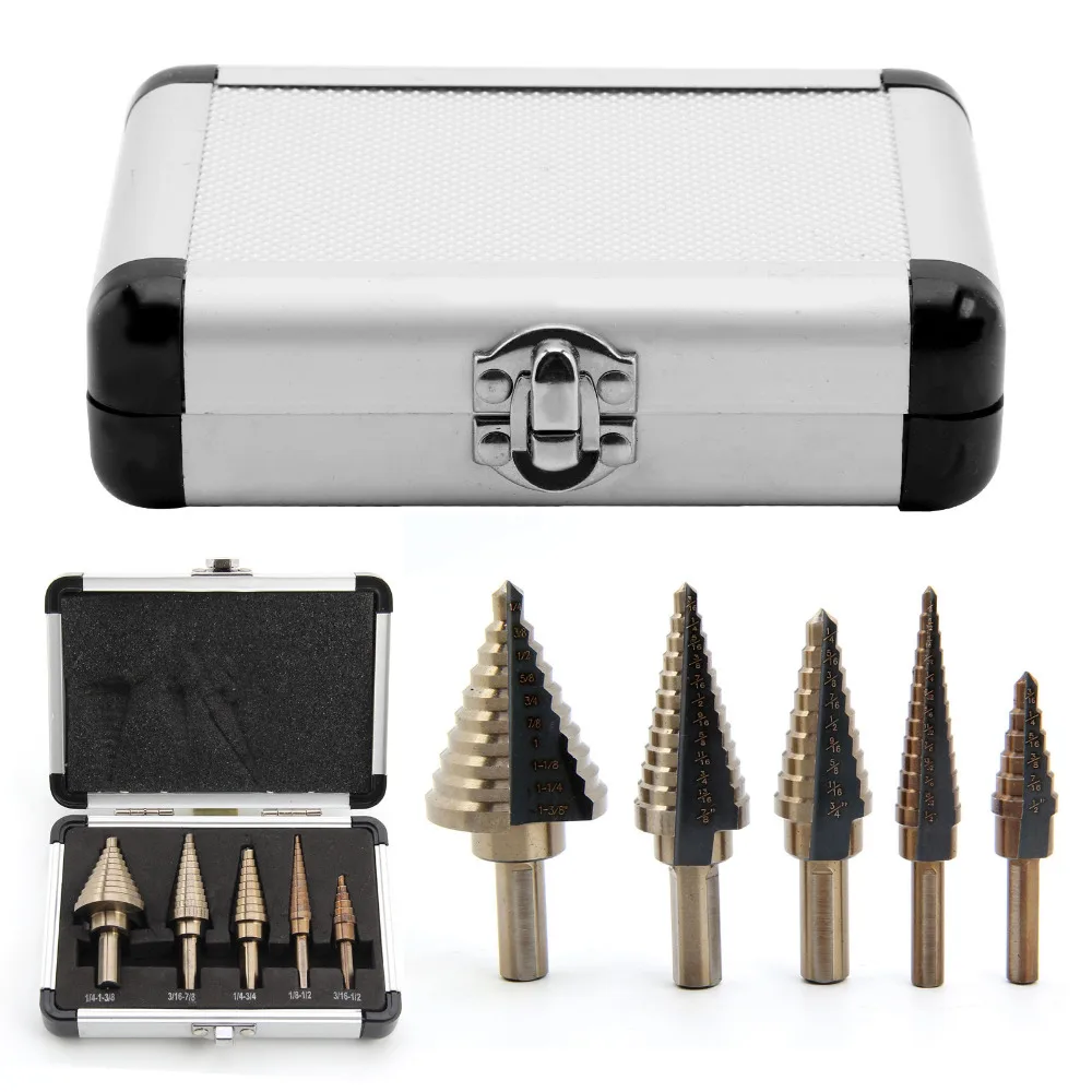 5Pcs Large Cobalt Step Drill HSS Step Titanium Core Drill Multiple Hole Cutter Drill Bit Set
