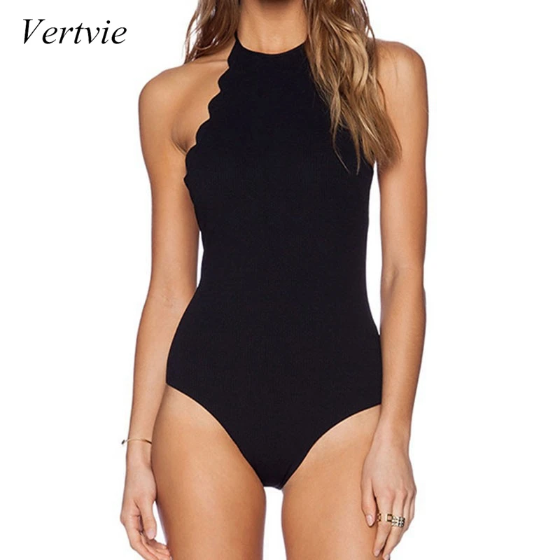 

vertvie Sexy One Piece Swimsuit 2018 Floral Border Swimwear Ruffle Playsuit Halter Bikinis Solid Plus Size Bodycon Bodysuit 4XL