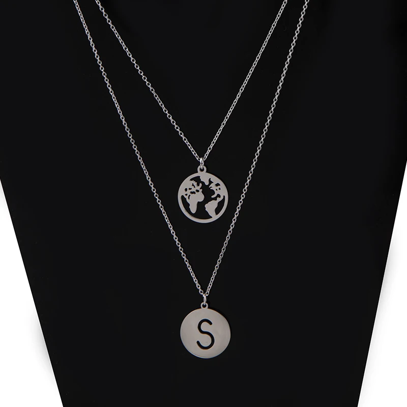 Keamsty Letra S World Map Necklace Pendant Set Silver Rose Gold Initial Letter 316L Stainless Steel Jewelry for Women | Украшения и