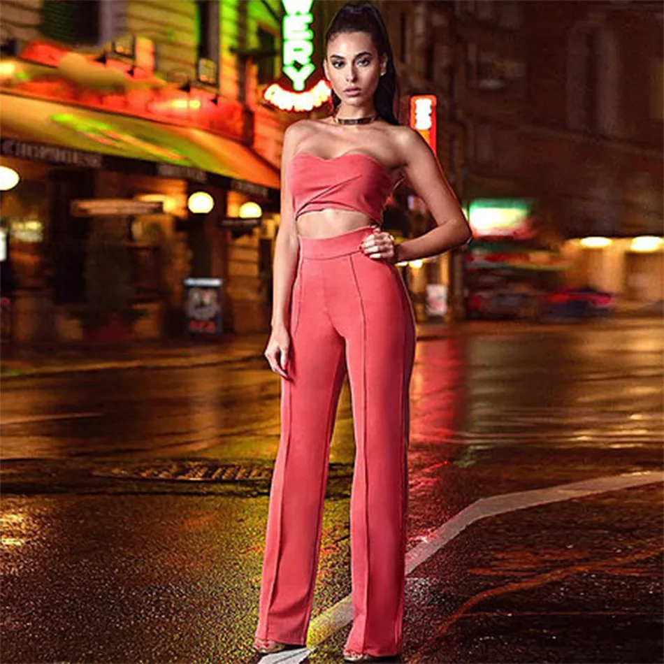 

Seamyla 2019 New 2 Two Piece Set Summer Women Sexy Strapless Top Full Pants Lady Celebrity Evening Party Sets Eelegant Outfits