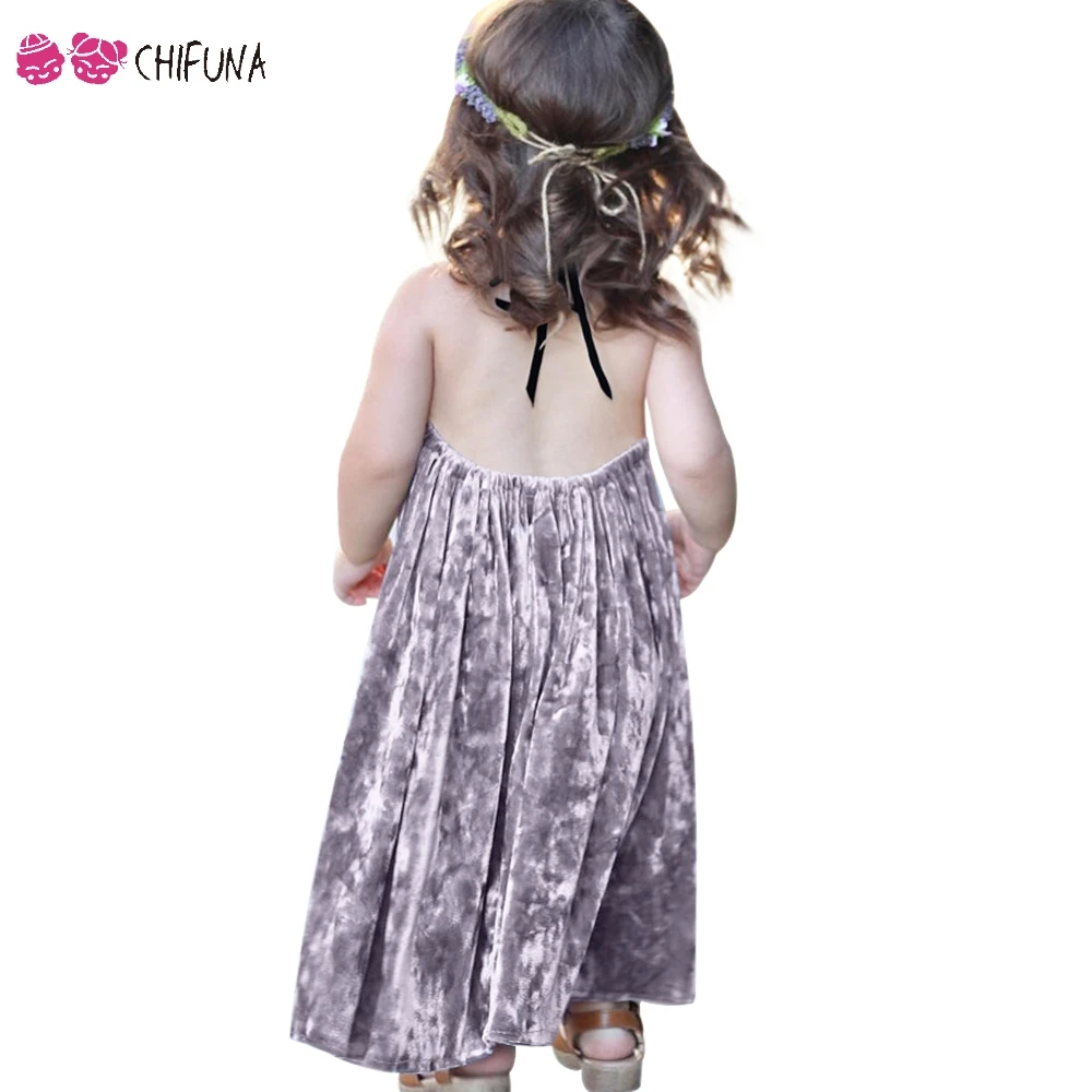 

chifuna 2018 Girls Gold Velvet Dress Backless Hang Neck Dress Children Clothes Kids Casual Clothing Girls Dress