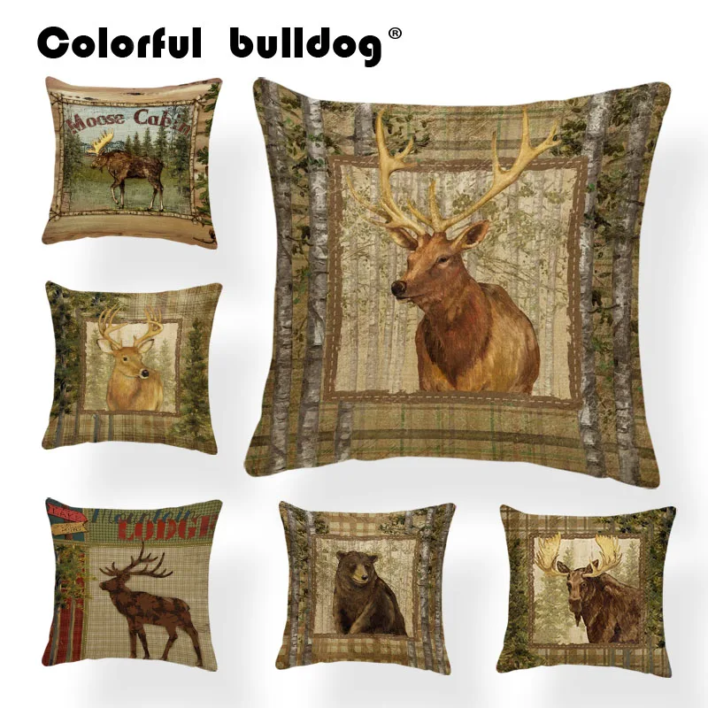 

Luxury Cushions Forest Wild Deer Big Brown Bear Forest Mountain View Art Pillow Covers 45X45Cm Polyester Decorative Sofa Pillows