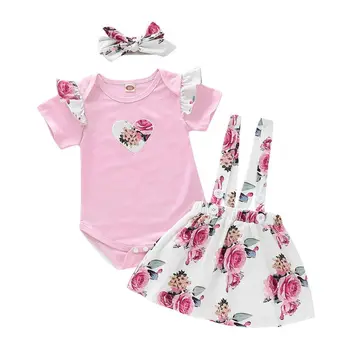 

3PCS Newborn Baby Girl Fly Sleeve Romper Top+Floral Skirt+Headband Clothes Girl Clothing Baby Clothes Set