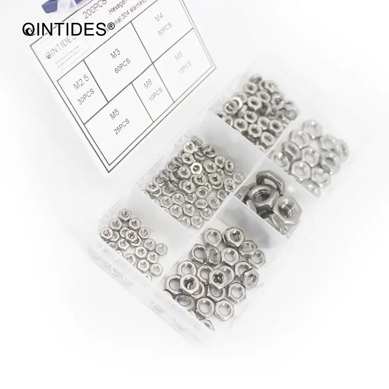 QINTIDES 200 штук шестигранные тонкие гайки M2.5 M3 M4 M5 M6 M8 304 нержавеющая сталь гайка GB6172.1