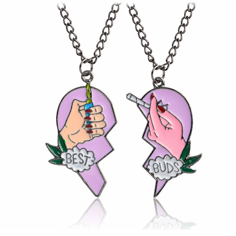 

2pcs/set Broken Pink Hearts BEST BUDS Holding Lighter Cigarettes Pendant Enamel Pins Set Necklaces For Friends Lovers