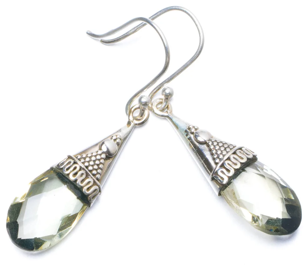 

Natural Green Amethyst Handmade Unique 925 Sterling Silver Earrings 1.75" Y0551