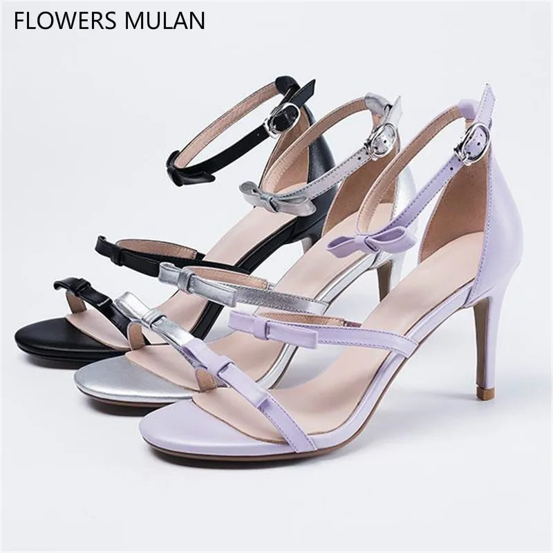 

Summer New Silver Black Purple Sandals Women Chic Three Bowtie Buckle Ladeis Sandales Peep Toe Cover Heel Shoes Woman Zapatos