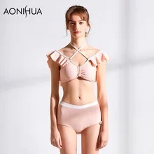 AONIHUA Women's Bikini Bandage Cross Halter Two Piece Swimwear Bikini two tone underwire halter bikini