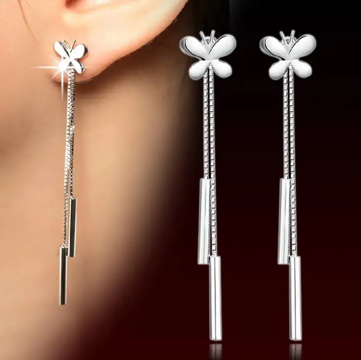 

30% Percent Silver Plated Earrings Butterfly Stud Earrings Female Models Tassel Ear Wire Wild Fashion Cute Jewelry 1Y066