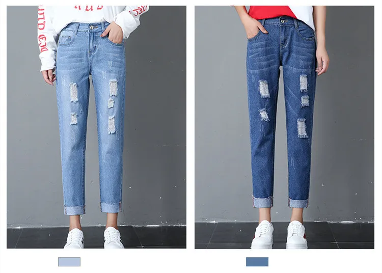 Для Женщин Мальчик друг джинсы для с отверстиями эластичная резинка на талии прямые джинсы обувь девочек ботильоны длина рваные