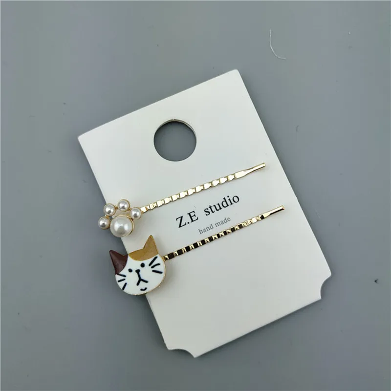 

Women Girls Cute Enamel Spotted Cat Simulated-pearl Footprint Hairpins Personality Funny Animal Hair Grips Simple Hair Clips