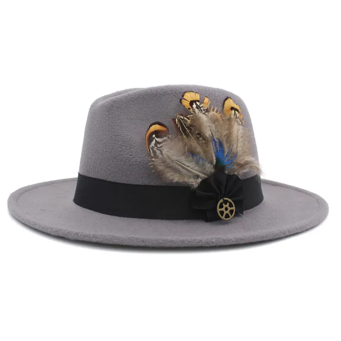 Шерсть с широкими полями фетровая шляпа Федора для женщин мужчин зима осень кашемир Гангстер церковная шляпа с перьевой лентой - Цвет: Light Grey