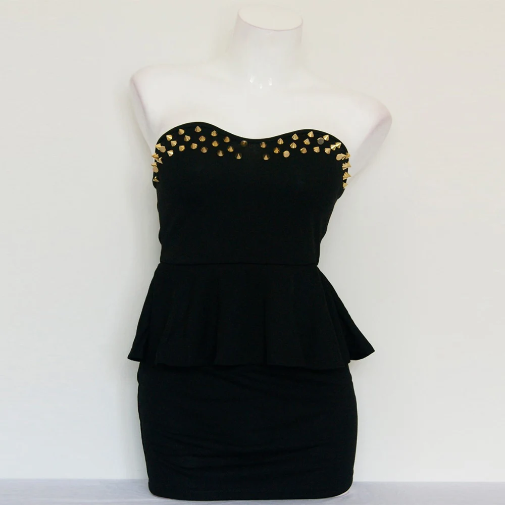 Women's Summer Dress Sexy Off Shoulder Rivets Office Lady Elegant Slim Fit Party Dress Fold Over Peplum Wrapped Mini Dress (7)