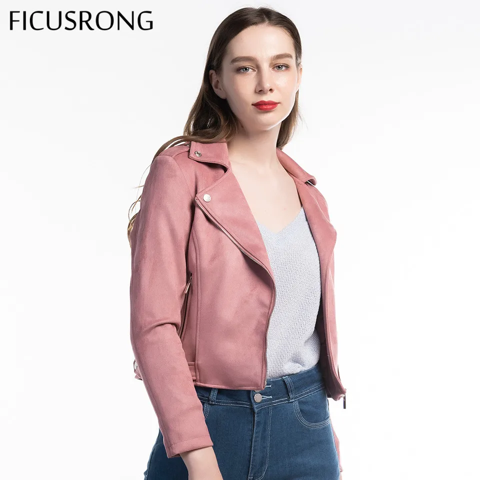 

Fashion Autumn Winter Zipper Basic Suede Jacket Coat Motorcycle Jacket Women Outwear Pink Slim Short Jacket S-XL 2019 FICUSRONG