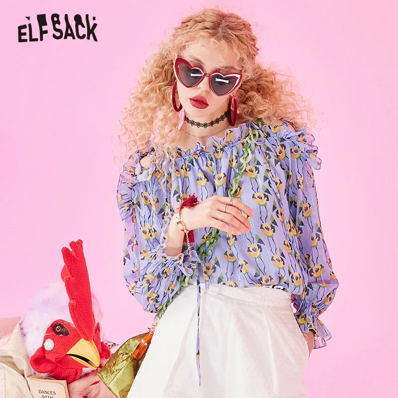 

ELF SACK Sweet Floral Slash neck Women Blouses Fashion Lavender Lace up Female Shirts Basis Butterfly Sleeve Woman Blouse Tops
