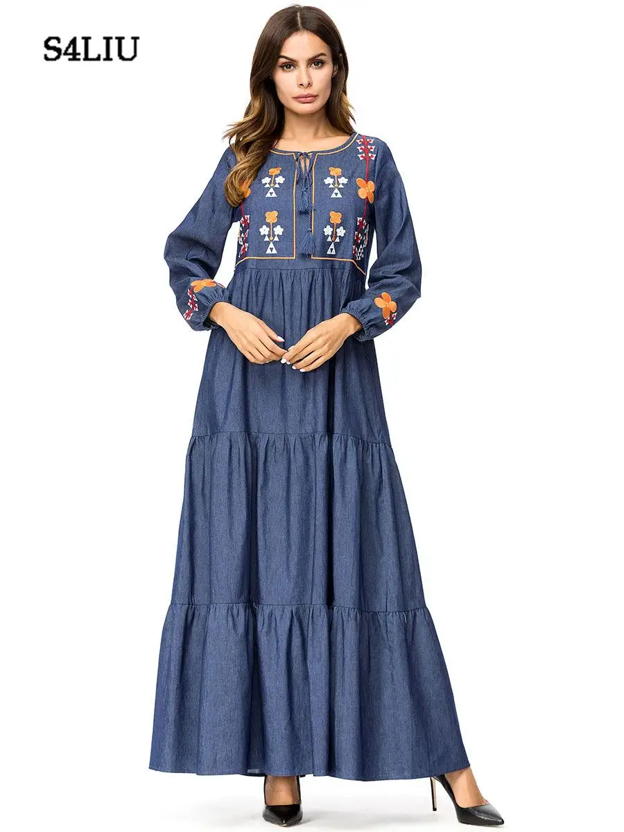 Для женщин макси платье из джинсовой ткани мусульманская вышивка в стиле пэчворк с круглым вырезом Вечерние Коктейльные Мода
