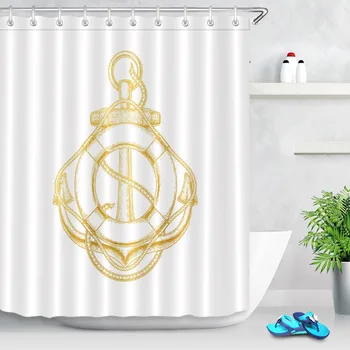 

LB 72'' 12 Hooks Waterproof Gold Anchor Lifebuoy Rope White Shower Curtain Set Bathroom Curtains Fabric for Bathtub Home Decor