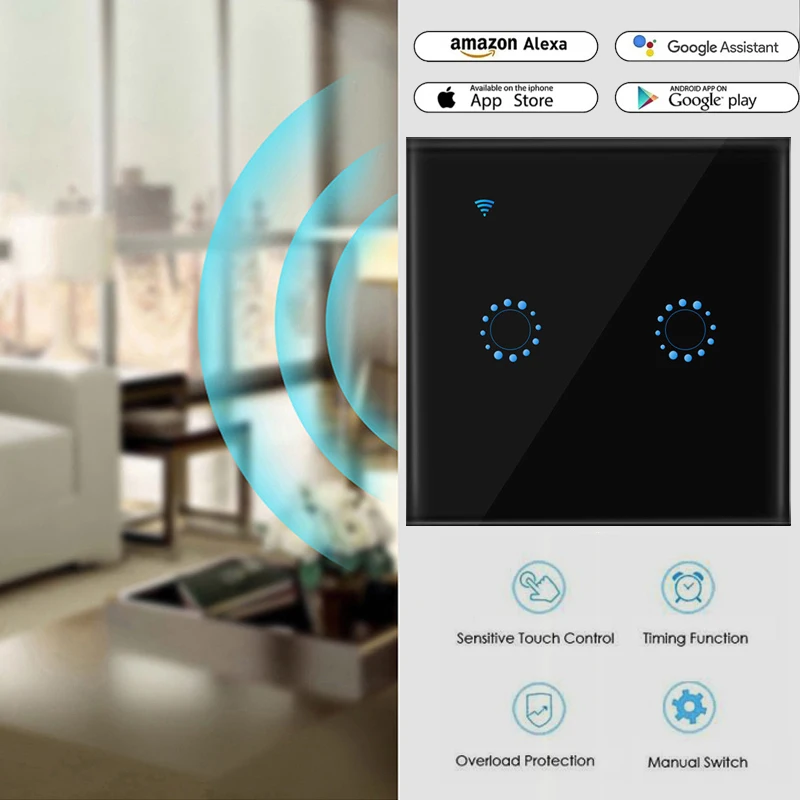 90 В-250 В, стандарт Великобритании/ЕС, сенсорный Умный переключатель, панель, настенный выключатель, 2 комплекта, wifi, светильник, переключатель, работает с Alexa Google Home, таймер