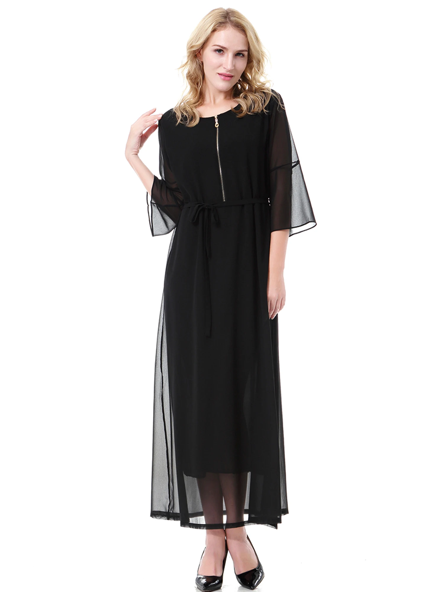 

Arab Lace Abaya Women Zipper Collar Long Dresses Muslim Two-layers Elegant Solid Kaftan
