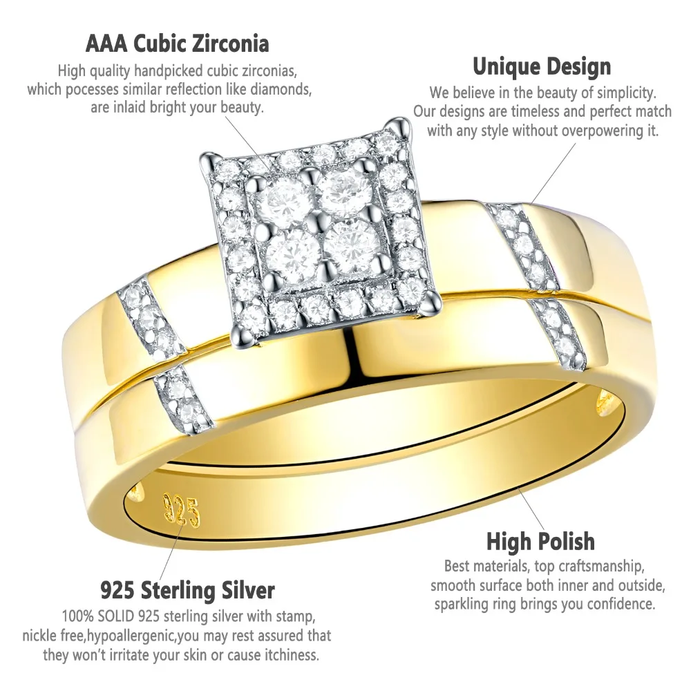 Newshe/2 шт. Свадебные кольца желтого золота для женщин из стерлингового серебра 925 пробы, классические ювелирные изделия AAA CZ Кольцо для помолвки набор
