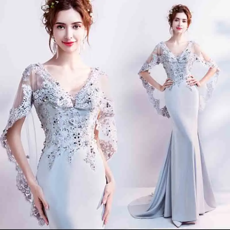 

Custom Luxury Gray Party Mermaid Cloak Sleeve Dress Red Carpet Wedding Bridal Evening Formal Dress For Lady Large Size 5XL 6XL